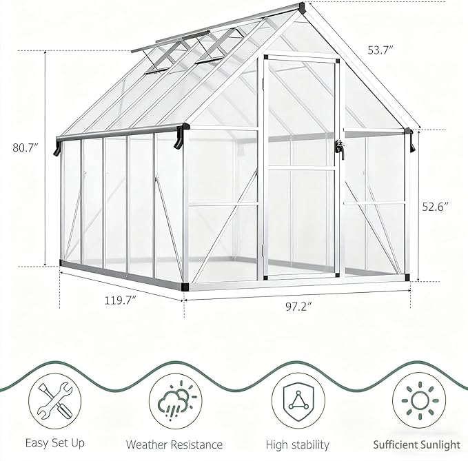GAOMON 8x10 FT Outdoor Greenhouse with Roof Vent, Heavy Duty Aluminum Polycarbonate Greenhouses, Easy Assembly, Lockable Door, Large Walk-in Greenhouse for Patio, Backyard, Garden