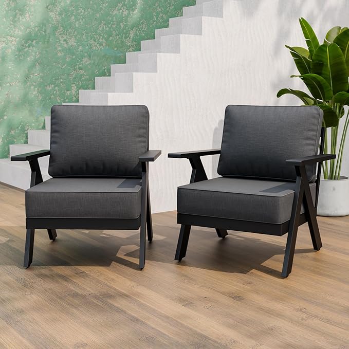Urban Anvil 2 Pieces Patio Furniture Outdoor Metal Armchairs, All-Weather Patio Accent Chairs with Cushions for Balcony, Porch, Deck, Black/Gray