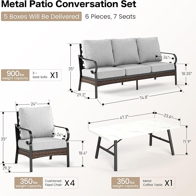 SUNSHINE VALLEY 4 Piece Metal Outdoor Patio Furniture Set, Patio Conversation Sets 1 3-seater Sofa, 2 Chairs with 5.75" Extra Thick Cushion and Coffee Table, Black Frame Backyard Furniture, Light Gray