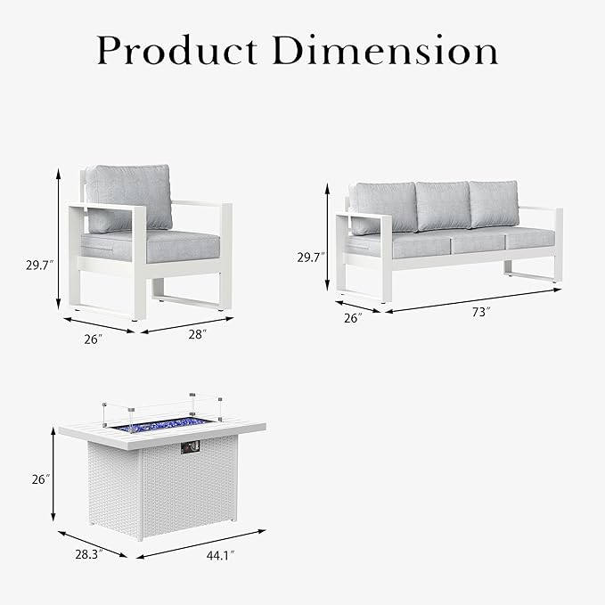 LayinSun 4 Pieces Aluminum Outdoor Patio Furniture Set, Metal Modern Conversation Sofa Set with Fire Pit Table and Washable Thick Cushions for Porch, Backyard, Deck