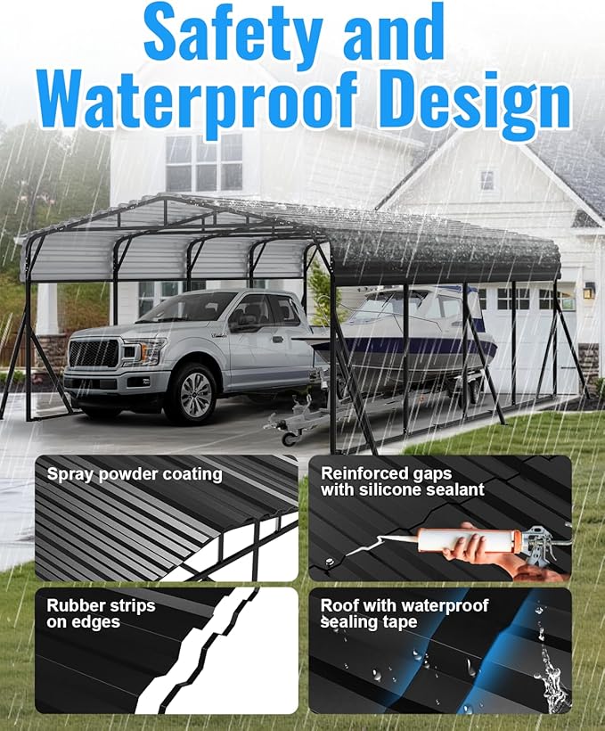 20X20FT Heavy Duty Carport, Metal Carport with Reinforced Frame & Side Support Poles for All-Weather, Large Outdoor Car Port Suitable for Parking Pickup, Boat, Car, and Tractor