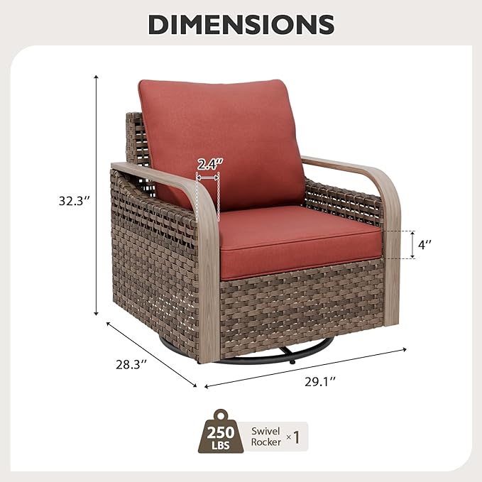 EAGLE PEAK Modern Wicker Outdoor Glider Rocking Chair, Swivel Rocker, Rattan Patio Furniture for Yard Deck Porch Garden, 4 Chairs, Brown/Red