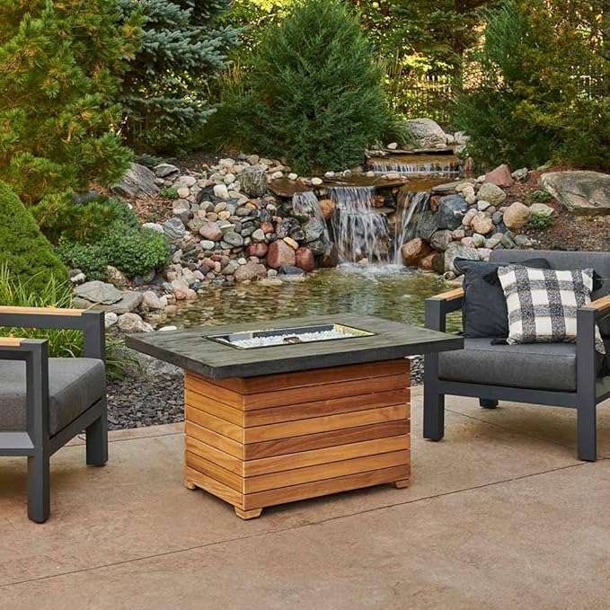 Outdoor GreatRoom Co Propane Fire Pit Table - Darien Gas Fire Pits for Outside Patio - 44 Inch Rectangular Everblend Concrete Firepit Fire Table, Wood Base, Glass Tabletop Cover, 55,000 BTU - Grey
