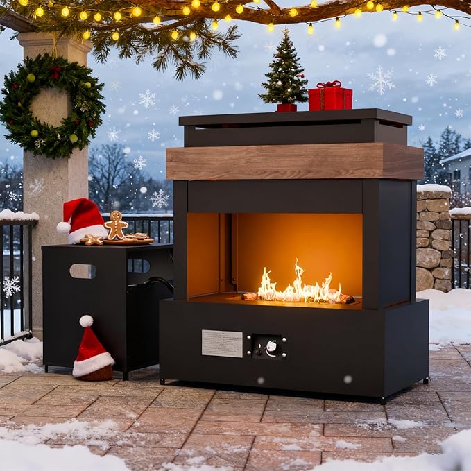 EAGLE PEAK Outdoor Propane Fireplace 50,000 BTU Gas Fireplace with Storage & Adjustable Flame, Patio Heater for Decks Backyards, Gray/Beige
