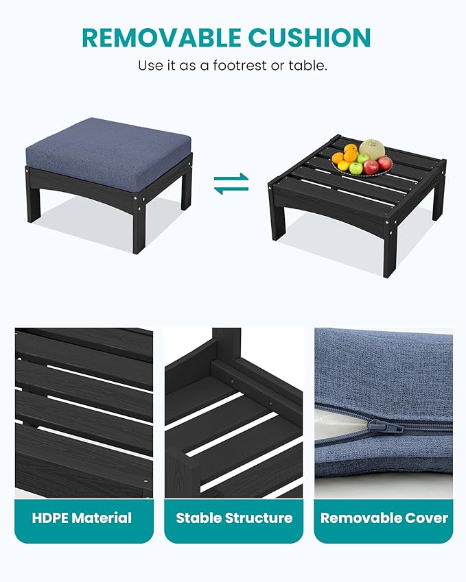 SERWALL 5-Piece Patio Sofas with 15FT Double Side Patio Umbrella, All-Weather HDPE Outdoor Sectional Sofa, Large Modular Patio Conversation Set for Garden, Deck, Porch, Black Frame with Grey Cushion