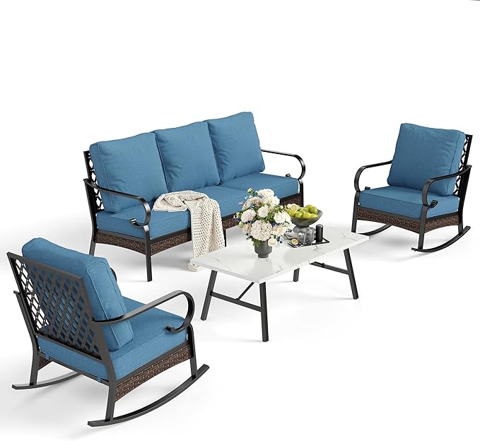 SUNSHINE VALLEY 4 PCS Metal Outdoor Patio Furniture Set, Patio Conversation Sets 1 3-Seater Sofa, 2 Rocking Chairs with 5.75" Extra Thick Cushion & Coffee Table, Black Backyard Furniture, Denim Blue