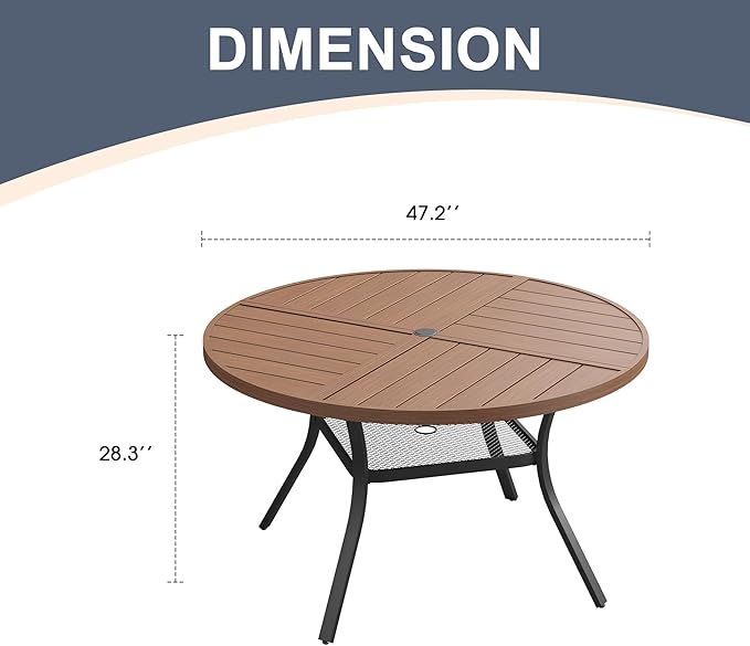 VICLLAX Round Patio Dining Table, 4-6 Person Metal Outdoor Dining Table with Umbrella Hole and Storage Shelf for Garden Lawn Deck, 47.2" Walnut