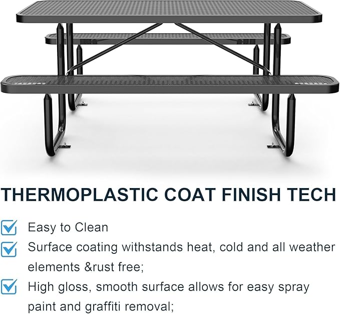 dafrigic 72" All Weather Resistant Commercial Picnic Table for Outdoors, Heavy Duty Picnic Table up to 2800 lbs with Expanded Metal for School, Warehouse, Coffee Shop, Black