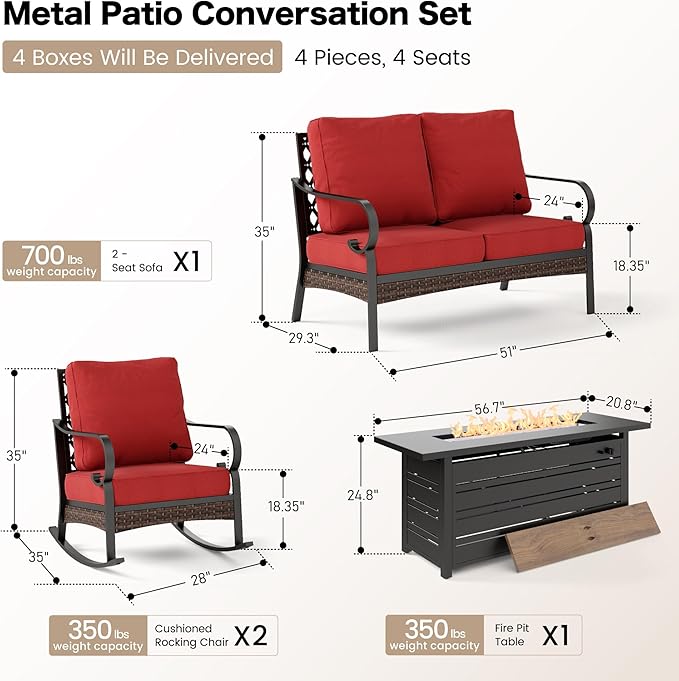 SUNSHINE VALLEY 4 Piece Metal Outdoor Patio Furniture Sets with Firepit Table, Patio Conversation Sets 1 2-Seater Sofa, 2 Rocking Sofa with 5.75" Cushion Black Backyard Furniture for Deck, Rust Red