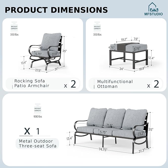 MFSTUDIO 5 Pieces Patio Conversation Sets,Outdoor Metal Furniture Sofas with 1 x 3-Seat Sofa, 2 x Swivel Chairs,2 x Ottoman,Wrought Iron Frame with Grey Cushion for Patio Courtyard Balcony