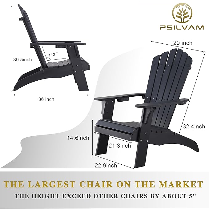 Psilvam Adirondack Chair, Oversized Poly Lumber Fire Pit Chair with Cup Holder, 350Lbs Support Patio Chairs for Garden, Weather Resistant Outdoors Seating, Relaxing Gift for Father & Mother (Black)
