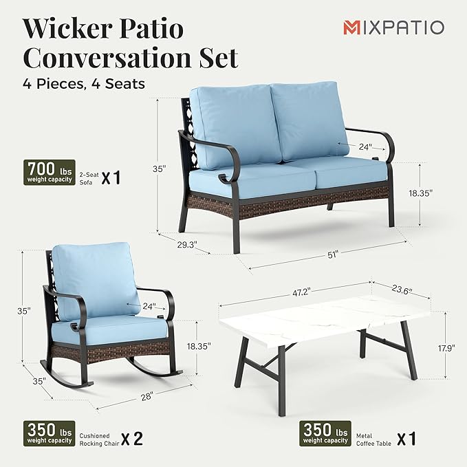 Patio Furniture Set with Coffee Table, Outdoor Conversation Set with 2 x Rocking Chair, 1 x 2-Seat Sofa for Lawn Garden Backyard, Blue