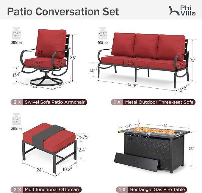 PHI VILLA Patio Furniture with 1 x 45 Metal FirePit Table, 1 x 3-Seat Wide Deep Seating Bench, 2 x Swivel Sofa Chairs & 2 Ottomans, 5.75" Thick Cushioned Outdoor Conversation Set for 5,Red