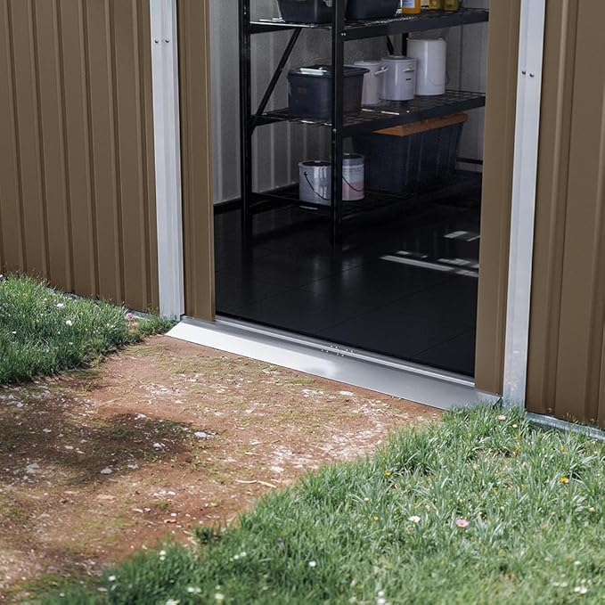 Kurapika 10×8 FT Outdoor Storage Shed Large Metal Tool Shed with Floor, Window and Lockable Door, for Garden, Patio, Backyard, Lawn(Brown)