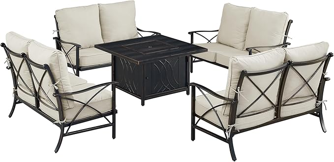 Oakland Living Black Aluminum Patio Fire Table Set with Four Deep Seating Loveseat with Cushions