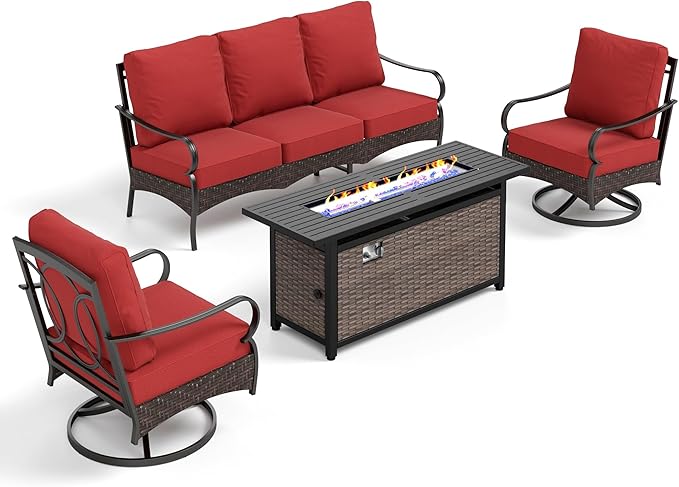 PHI VILLA Patio Furniture Set with 56" Fire Pit Table, Premium Outdoor Wicker Metal Frame Furniture with Upgraded Waterproof Thick Cushions for Porch, Poolside, Deck, and Yard （4 Pieces,Red