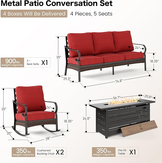 SUNSHINE VALLEY 4 Piece Metal Outdoor Patio Furniture Sets with Firepit Table, Patio Conversation Sets 1 3-Seater Sofa, 2 Rocking Sofa with 5.75" Thick Cushion Backyard Furniture for Deck, Rust Red