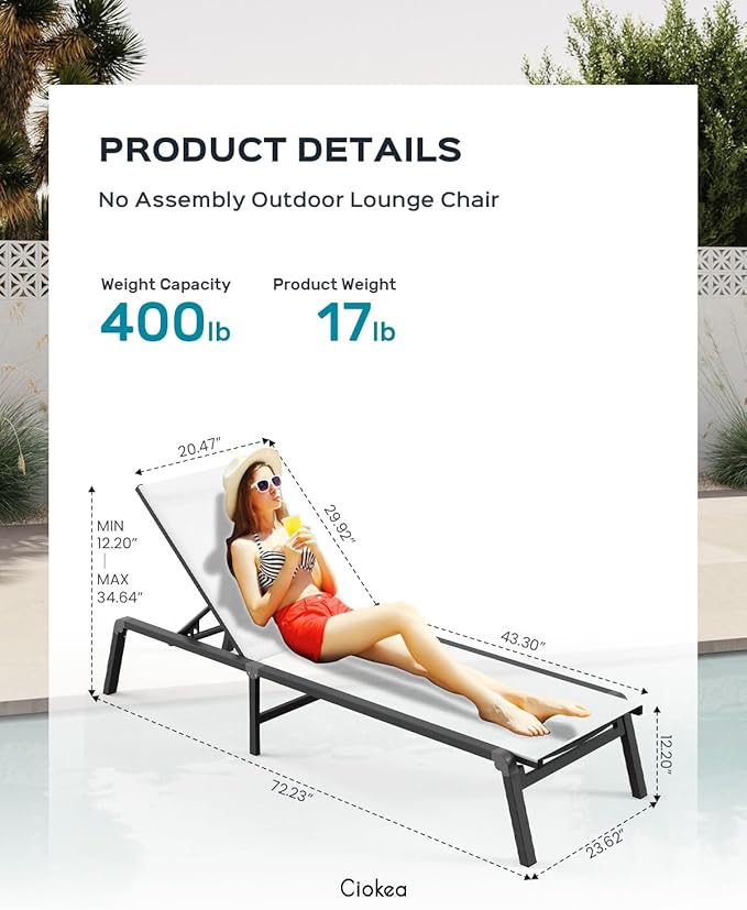 Patio Chaise Lounge Chair Set of 4, Foldable Lounge Chair for Outside, Aluminum Chairs with 5 Adjustable Backrest, Outdoor Pool Lounger for Patio, Lawn, Deck, White