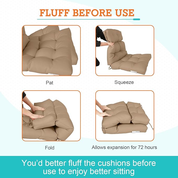 EAGLE PEAK Tufted Outdoor/Indoor High Back Patio Chair Cushions, Set of 2, 46'' x 22'', Khaki