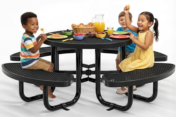 OUTTANS Round Metal Picnic Tables for Kids for Outdoors with Umbrella Hole, Adjustable Seats for School, Park, Playground (Black, 38 in, Kids, Expanded Steel)