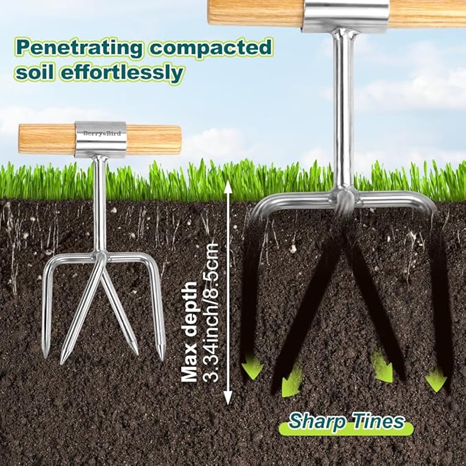 Berry&Bird Twist Tiller - 4 Stainless Steel Tines Hand Tiller for Aerating, Loosening Soil and Removing Weed, Garden Cultivator Tiller with Wooden Handle, Perfect for Raised Beds, Borders & Containers