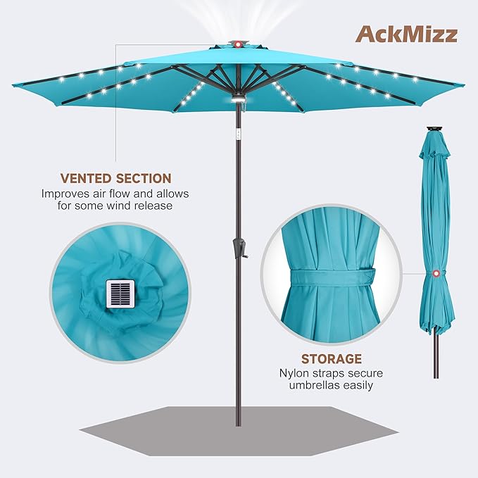 9ft Solar Umbrella Outdoor - Lighted Patio Umbrella with 40 LED Lights Waterprool Uv Protection, Table Umbrella with Tilt & Crank for Pool, Porch, Garden, Deck, Backyard(Sky Blue)