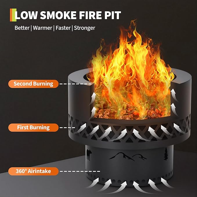 16 Inch Smokeless Fire Pit, Wood Burning Outdoor Fireplace with Removable Ash Pan & Dust Bag - Ideal for Patio BBQ, Bonfire, Camping