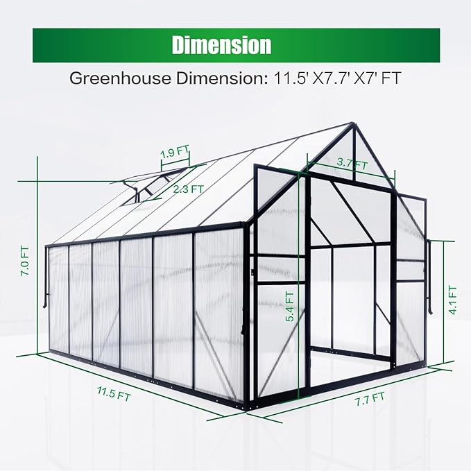 8x12 FT Greenhouse for Outdoors, Polycarbonate Green House with Adjustable Roof Vent and Rain Gutter, Aluminum Large Walk-in Greenhouse with Quick Setup Structure for Outside Garden Backyard Patio
