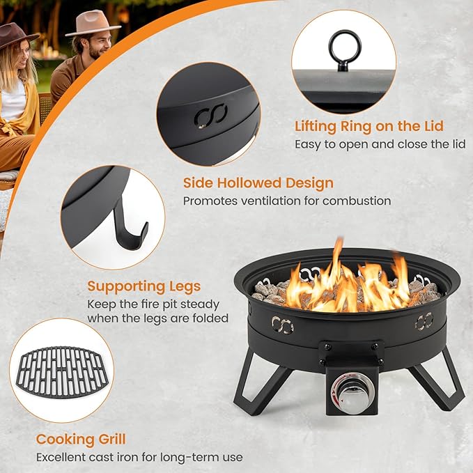 Giantex Portable Propane Fire Pit, 17" Small Outdoor Fire Bowl w/Foldable Legs, Round Fireplace with Lid, Removable Grill, Carry Bag, Lava Rocks, 58000 BTU Smokeless Gas Firepit for Outdoor Camping