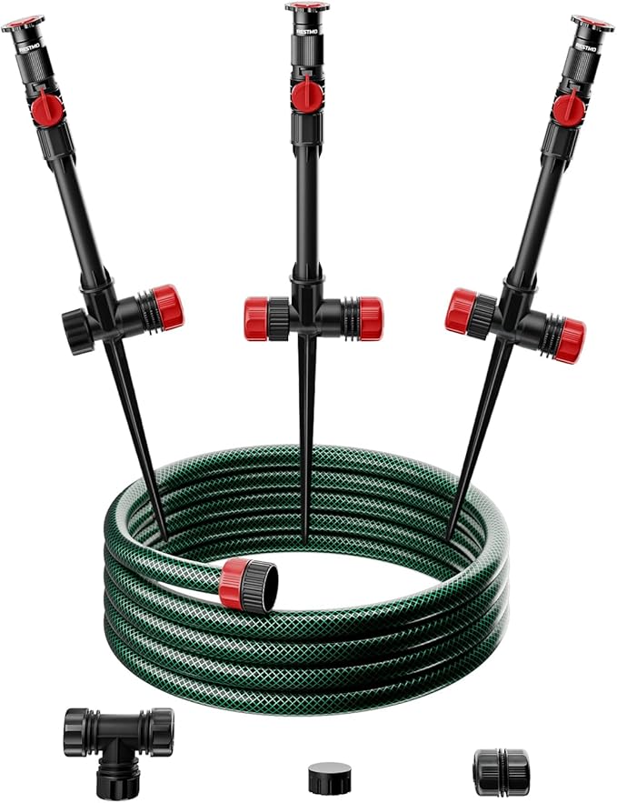 RESTMO Above Ground Sprinkler System with Metal Spike Base, Flexible DIY Irrigation Kit, Multi-Adjustable Lawn Sprinkler & 30ft Hose Set, for Garden Plant, Flower Bed and Large Yard Area Watering