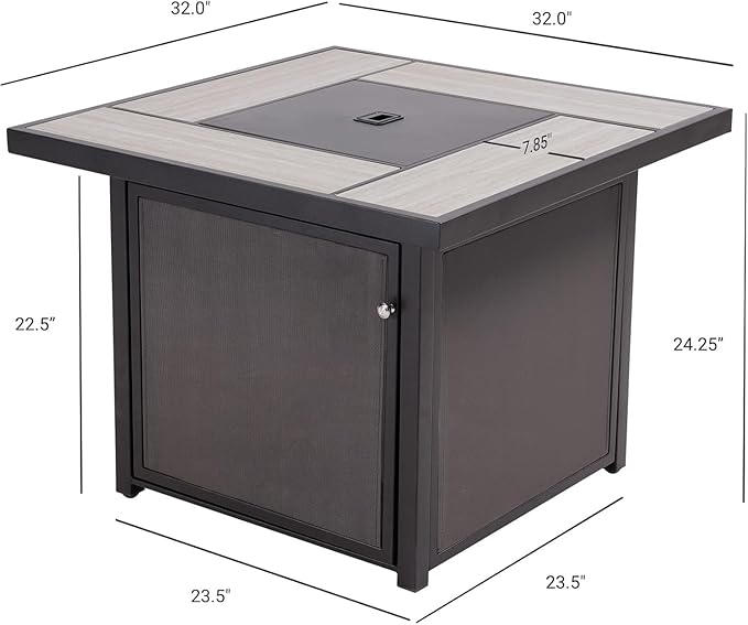 Grand Patio Outdoor Gas Fire Pit Table 32-Inch Square Propane Gas Fire Pit with CSA Safety Approval 50000 BTU Heat Sling Base Ceramic Tile Top and Lava Rock for Garden, Backyard, and Deck Parties