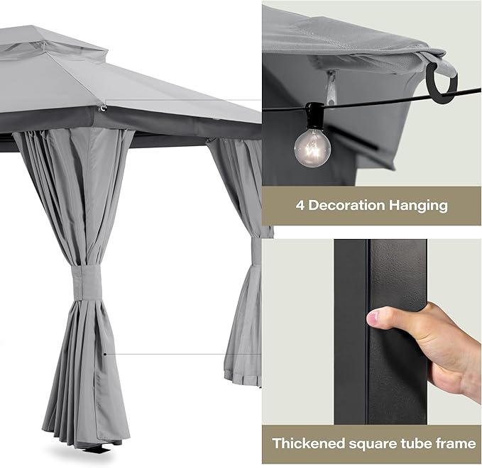 LAUSAINT HOME Outdoor Patio Gazebo 10'x13' with Expansion Bolts, Heavy Duty Party Tent & Shelter with Double Roofs, Mosquito Nettings and Privacy Screens for Backyard (Grey)