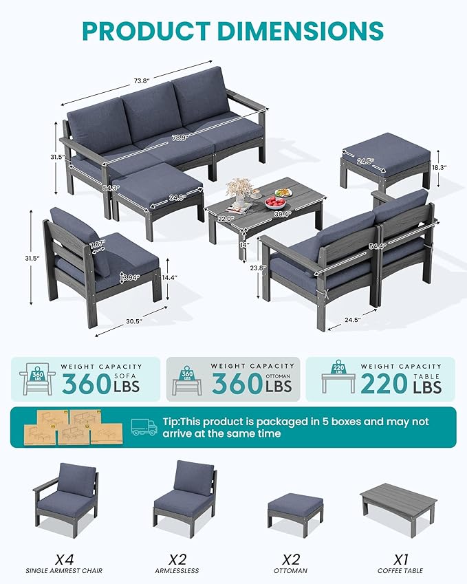 SERWALL 9 Pieces Patio Sofas, All-Weather HDPE Outdoor Sectional Sofa with Cushions and Coffee Table, Extra-Large Modular Conversation Set for Patio, Garden, Deck, Grey Frame with Grey Cushion
