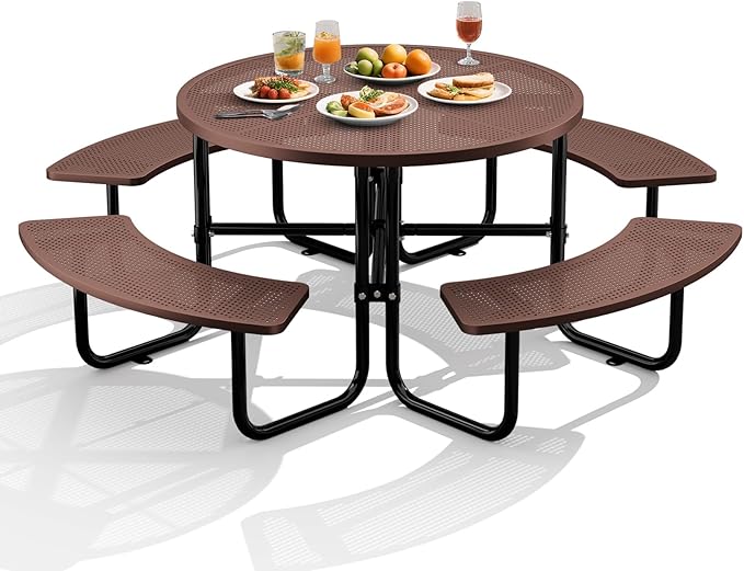 Rueekfil 46" Coated Picnic Table with Umbrella Hole, Heavy Duty Commercial Picnic Table for Outdoors, Family & Party Ready for School Camping, Round, Brown