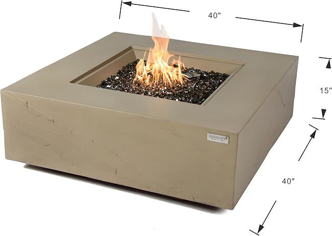 Elementi+ | Bundle Uluru Gas Fire Pit Cast Concrete 40" Square Fire Table, Outdoor Fire Pit Electronic Ignition | Canvas Cover, Fire Glass and Burner Lid Included | Sunlight Yellow | Propane Gas