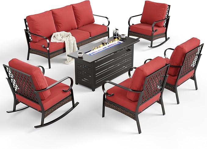 SUNSHINE VALLEY 6 Piece Metal Outdoor Patio Furniture Sets with Firepit Table, Patio Conversation Sets 1 3-Seater Sofa, 2 Leg Sofa and 2 Rocking Chair with 5.75" Cushion for Backyard Deck, Rust Red
