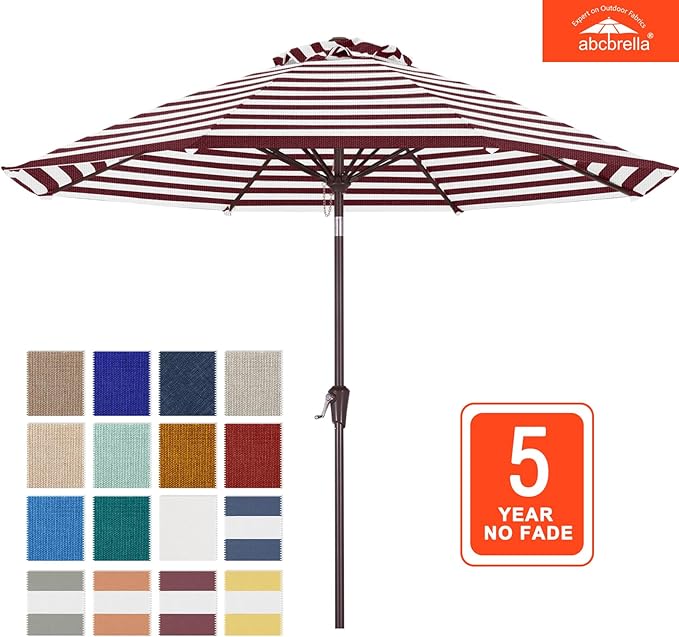 ABCCANOPY OLEFIN® 5-Year No Fading 9FT Patio Umbrella, Outdoor Table Umbrella with 8 Sturdy Ribs for Deck, Backyard, Yard (Burgundy Stripe)