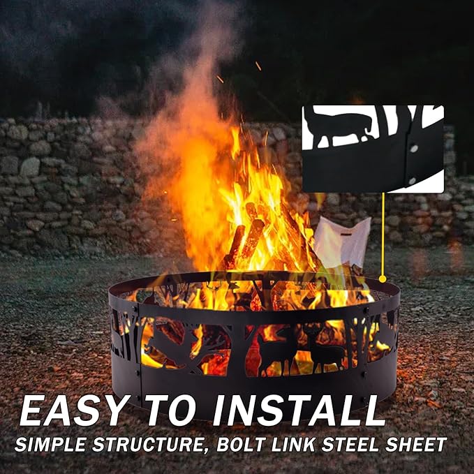 Fire Pit Ring Outdoor Steel: Heavy Duty Round Firepit Ring with Patterned Cutouts for Backyard Camping & Beach Bonfires 36Inch