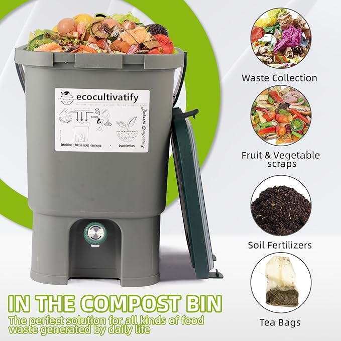 Bokashi Compost Bin, 4.7 Gallon Bokashi Composter with Bokashi Bran, Indoor Compost Bin, Kitchen Countertop Compost Bin with Lid, Kitchen Composter, Outdoor Bokashi Composter Starter
