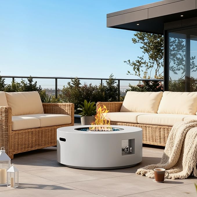 TLGREEN 30in Propane Fire Pit Table Set,2 in 1 Round Patio Table,50,000 BTU,Rain Cover,Outdoor Gas Firepit,304 Stainless Burner,Adjustable Legs, Blue Glass for Backyard, Garden,Pool,Balcony,light grey