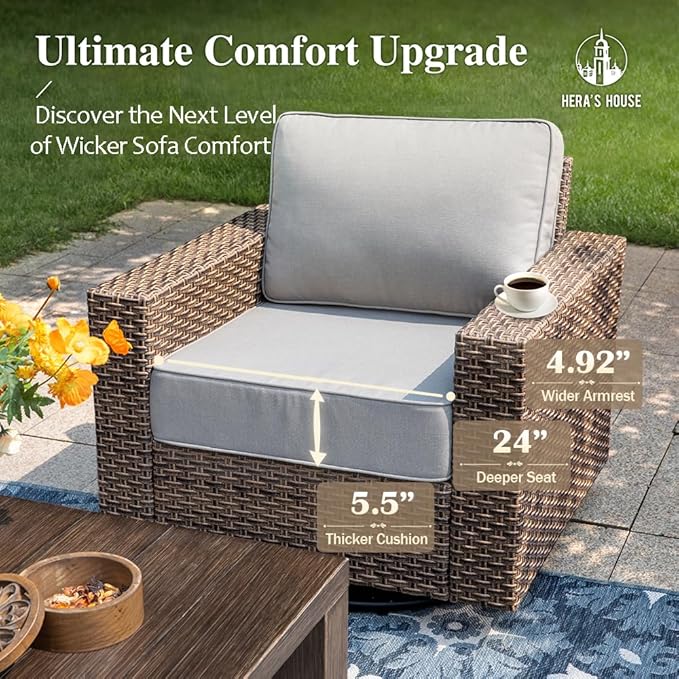 HERA'S HOUSE Swivel Glide Patio Furniture Set with 4.92" Widened Armrest Chairs, Outdoor Conversation Set, 5 Pieces Deep Seating Yellow Rattan Sofa with 5.5" Gray Cushions for Deck Garden Yard