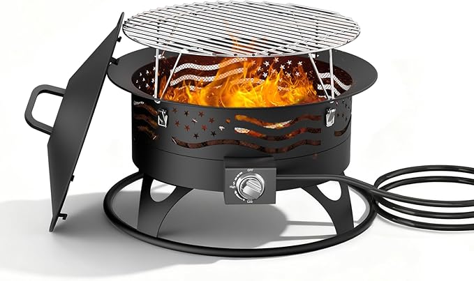 24 Inch Propane Fire Pit, Portable Gas Fire Pit Bowl for Outside, 60,000 BTU Smokeless Outdoor Firepit with Lid & Grill Grate for Patio, Yard, Gardenn, Camping