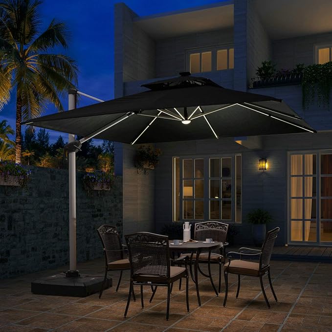 PURPLE LEAF 11 Feet Double Top Deluxe Solar Powered LED Square Patio Umbrella Offset Hanging Umbrella Outdoor Market Umbrella Garden Umbrella, Navy Blue