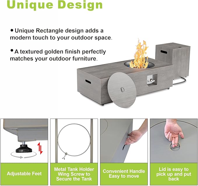 Dineli 2-Piece Outdoor Propane Fire Pit Table Set w Tank Table 48'' Rectangular Firepit Gas Fire Pits for Outside Patio Tabletop Fire Pits w LED, 50,000 BTU (Gray with Warmlight)