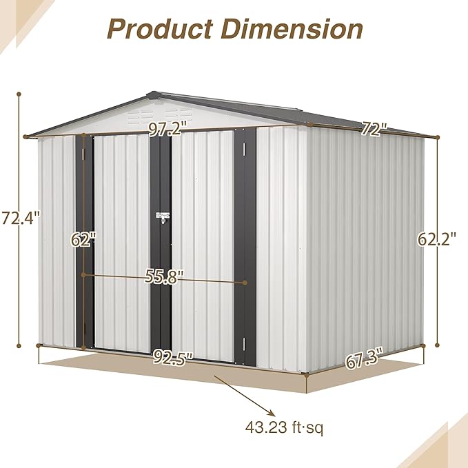 8x6 FT Outdoor Storage Shed W/ 2 Lockable Hinged Doors,Metal Shed W/Sloped Roof & 4 Air Vents,Garden Tool House W/Updated Frame Structure,for Backyard Patio Lawn,White