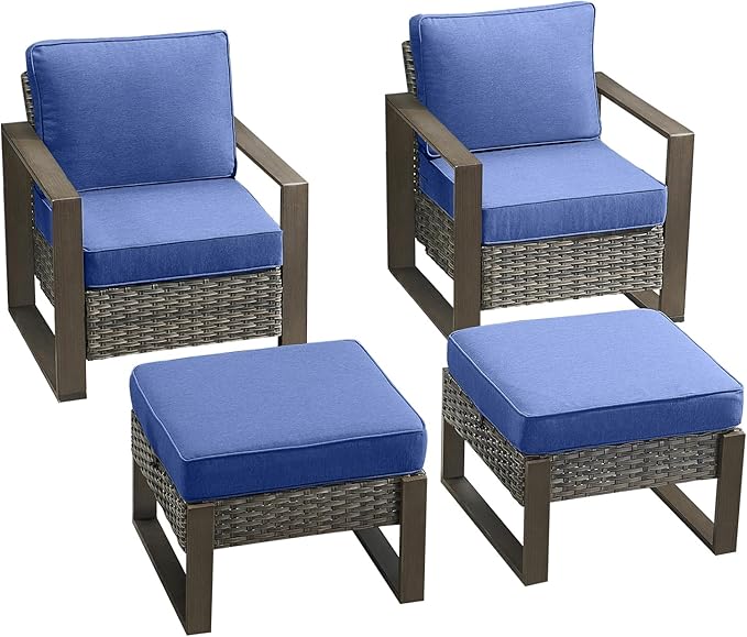 Rilyson Outdoor Wicker Patio Furniture Set - 4 Piece Patio Conversation Set with 2 Wicker Armrest Chairs,2 Rattan Ottoman, Sturdy Frame, Thick Cushions, Deep Seating(Mixed Grey/Blue)