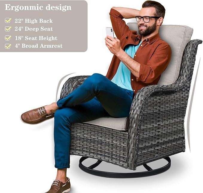 Belord 3 PCS Patio Furniture Set - Mixed Grey Wicker Swivel Rocking Chairs with Side Table, Furniture Set for Outdoor