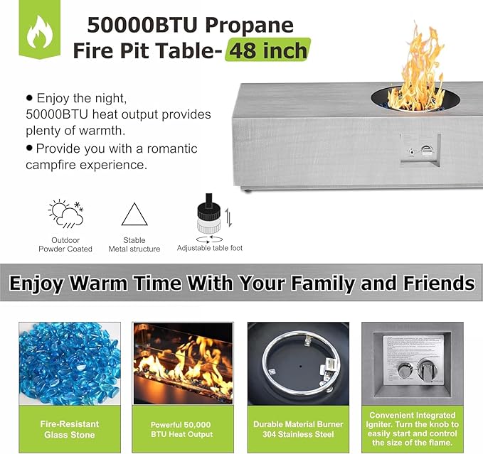 48" Rectangular Propane Gas Fire Pit Table with Round Burner – 50,000 BTU Fire Pit Table with Lid, Rocks, Cover and Tank Storage – Outdoor Table with Fire Pit (Light Grey, 48" Standard)