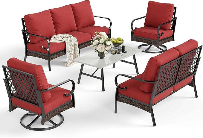 SUNSHINE VALLEY 5 Piece Metal Outdoor Patio Furniture Set, Patio Conversation Setsv with 3-Seater Sofa, Loveseat, 2 Fixed Sofa (5.75" Thick Cushion) & Coffee Table Black Backyard Furniture, Rust Red