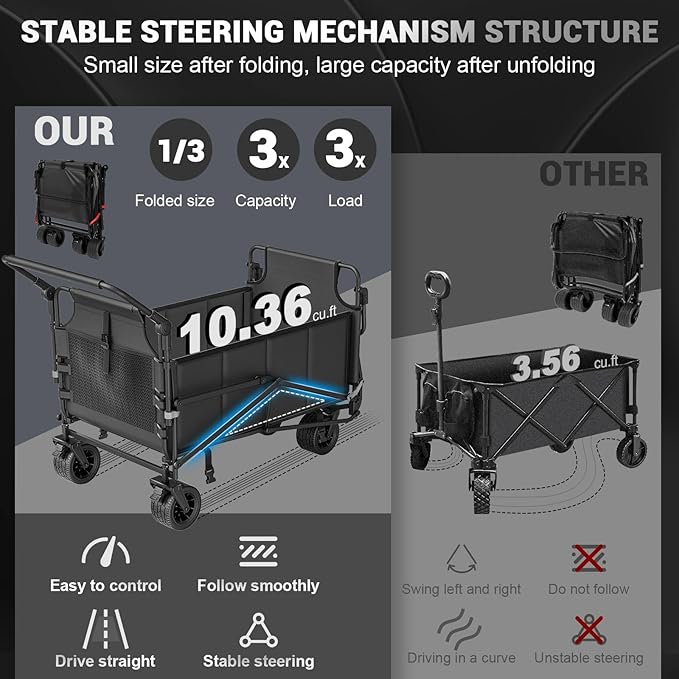 LEVELEVE Heavy Duty Folding Wagon - 2-in-1 Collapsible Cart, 650lb Capacity, All-Terrain Wheels w/Brakes & Side Pockets (Dark Gray)